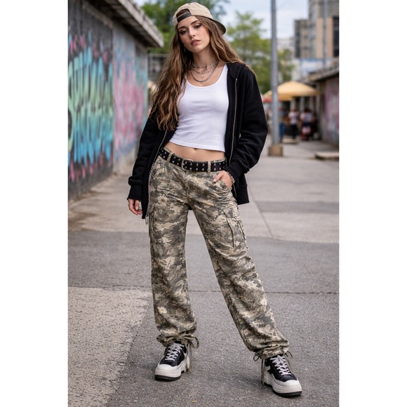 No Boundaries Pants - VTG Nobo Low Rise Cargo Pants 5 Floral Camo 90s Y2K Gorpcore Utility Streetwear